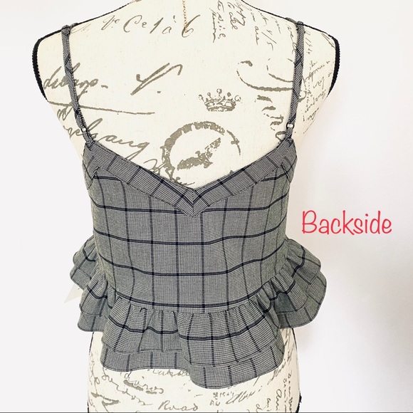 Anthropologie Lost + Wander CROP TOP Checker Ruffle Cami Top Grey Black … - Picture 3 of 13